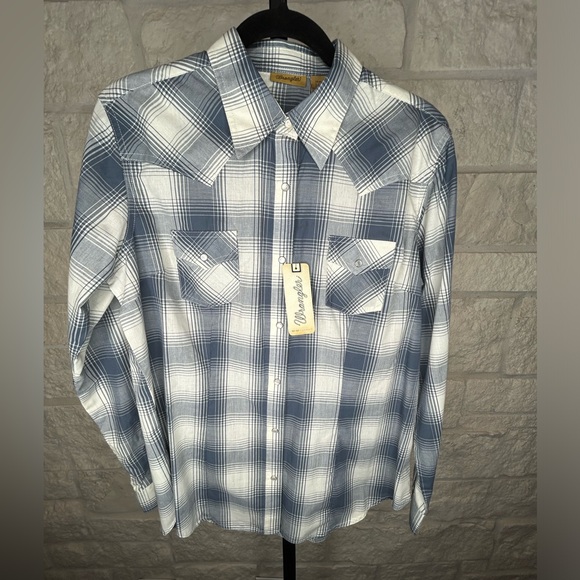Wranglers Plaid Shirt Faux Pearl Snaps NWT Size Large Blue and Cream - Picture 5 of 6